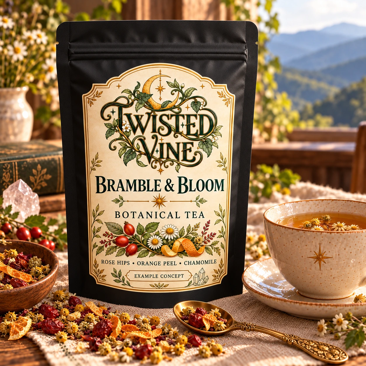 AI-generated Bramble & Bloom concept: matte black pouch, readable ivory label; sunny daytime light with a quartz accent. Final packaging and contents may differ.