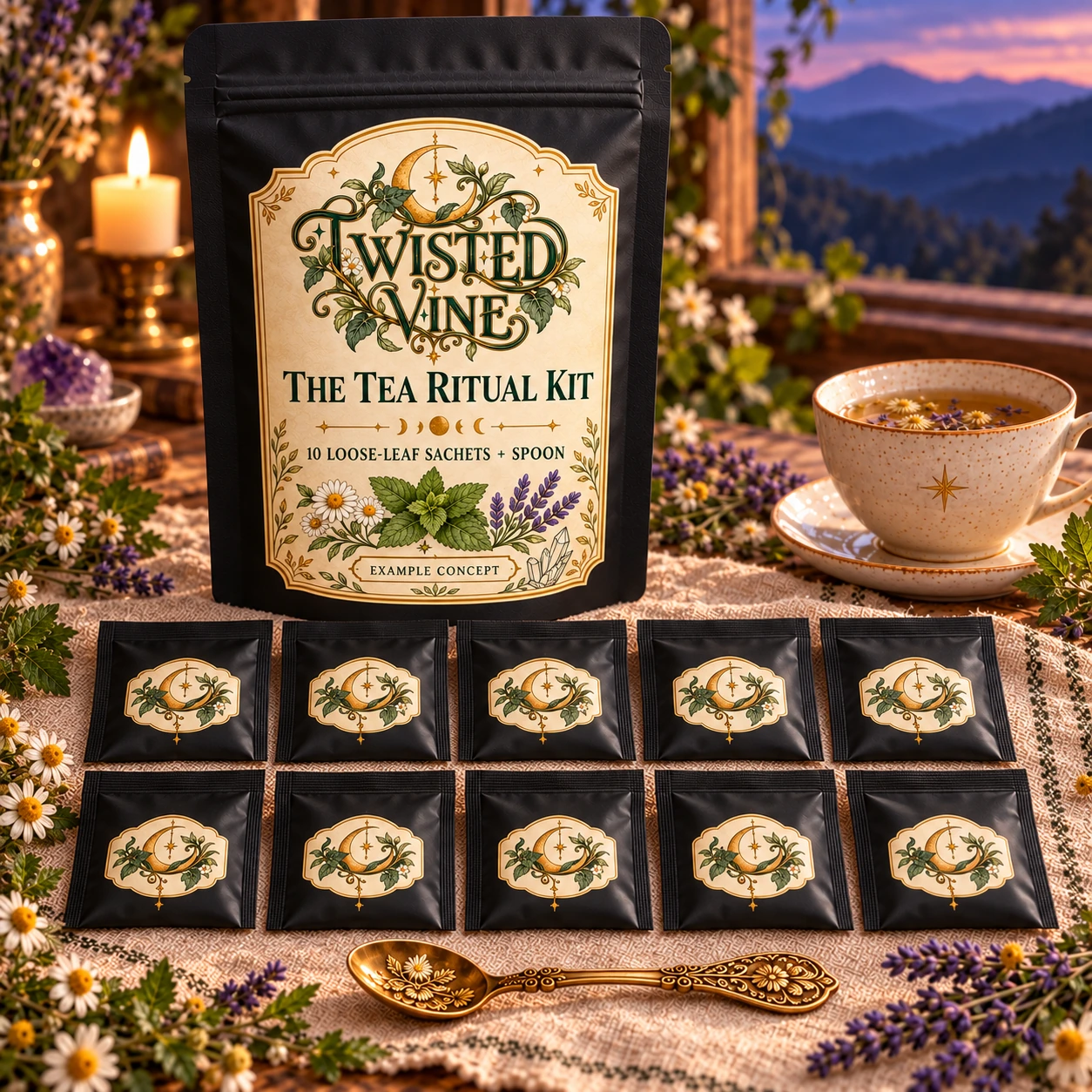 AI-generated The Tea Ritual Kit concept: matte black pouch, readable ivory label; dusk, showing ten loose-leaf sachets and one spoon. Final packaging and contents may differ.