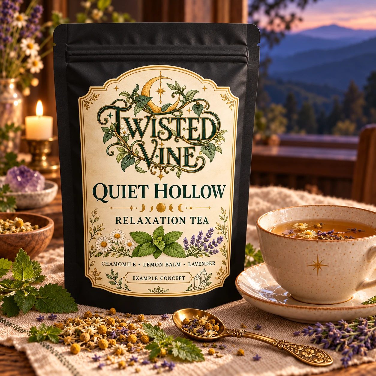 AI-generated Quiet Hollow concept: matte black pouch, readable ivory label; dusk, with candle and amethyst styling. Final packaging and contents may differ.
