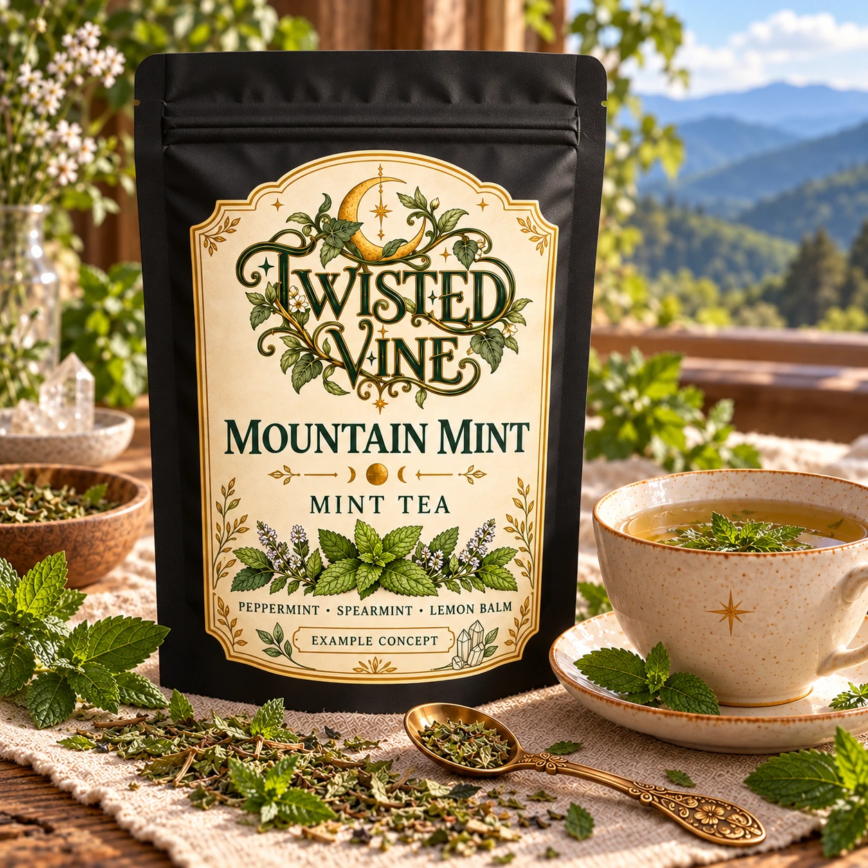 AI-generated Mountain Mint concept: matte black pouch, readable ivory label; clear morning light with a quartz accent. Final packaging and contents may differ.